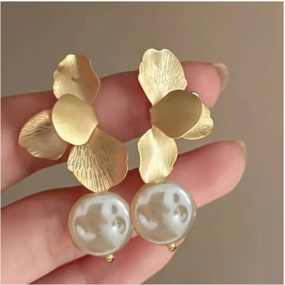 Gold Plated Abstract Flower with Faux Pearl Drop - NEW
